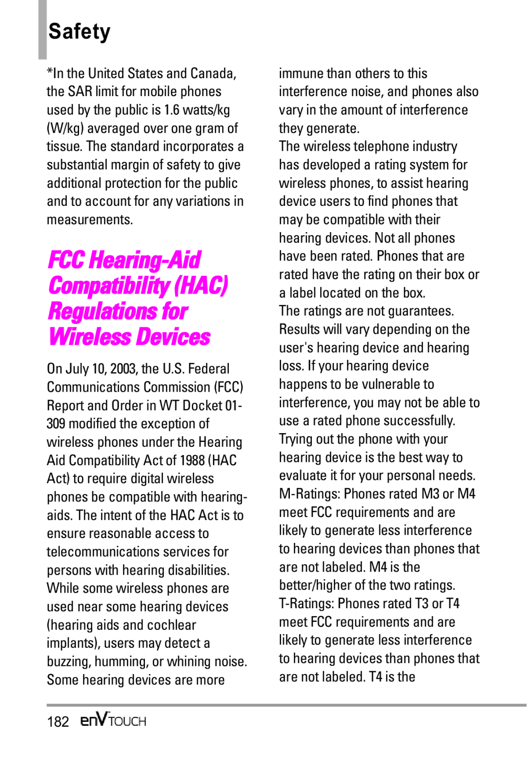 LG Electronics MMBB0332901 manual FCC Hearing-Aid Compatibility HAC Regulations for Wireless Devices, Safety 