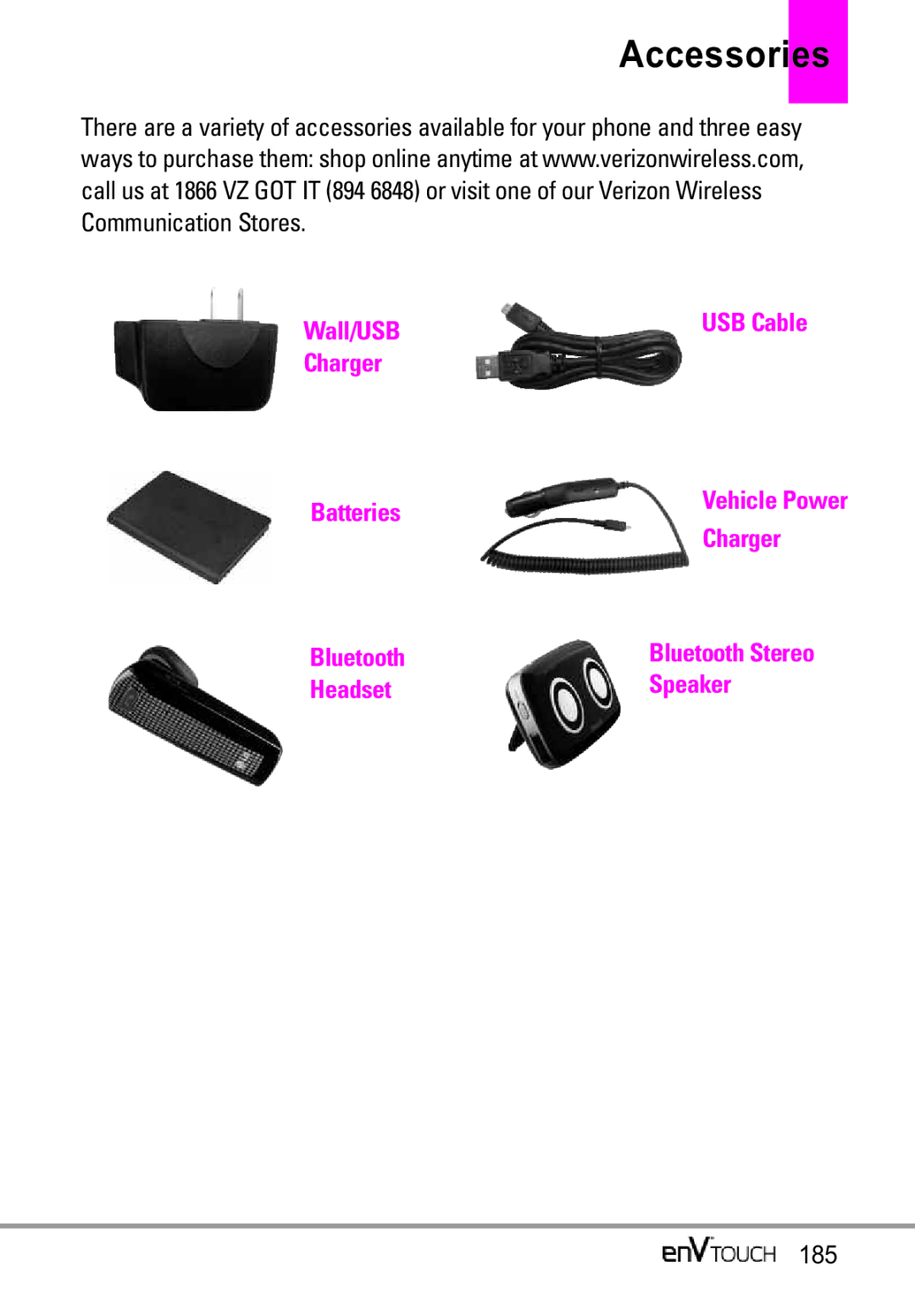 LG Electronics MMBB0332901 manual Accessories, Wall/USB, USB Cable, Charger, Batteries, Bluetooth, Headset, Speaker 