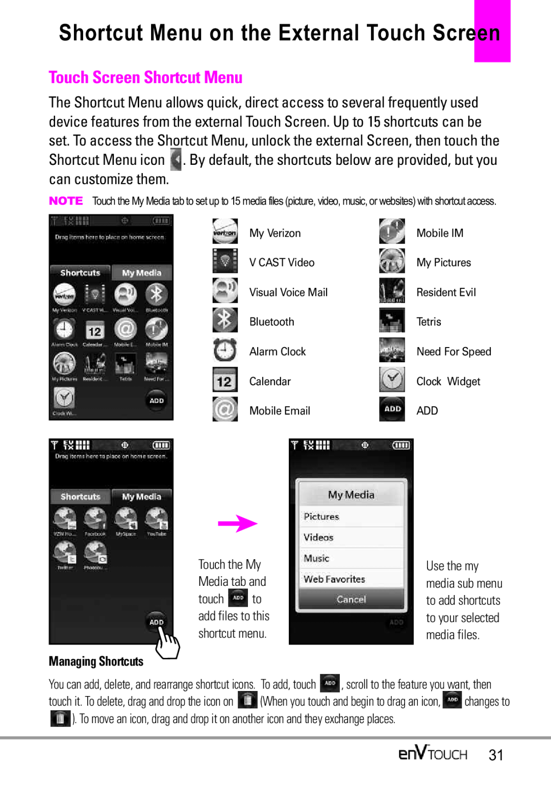 LG Electronics MMBB0332901 Shortcut Menu on the External Touch Screen, Touch Screen Shortcut Menu, Managing Shortcuts 