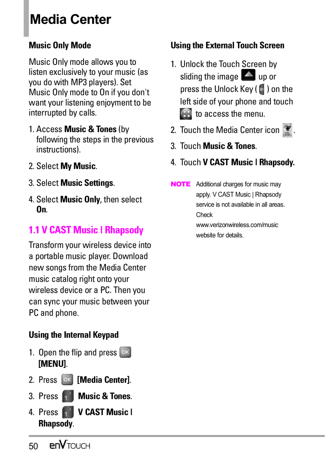 LG Electronics MMBB0332901 manual V CAST Music Rhapsody, Media Center, Music Only Mode, Select Music Settings 