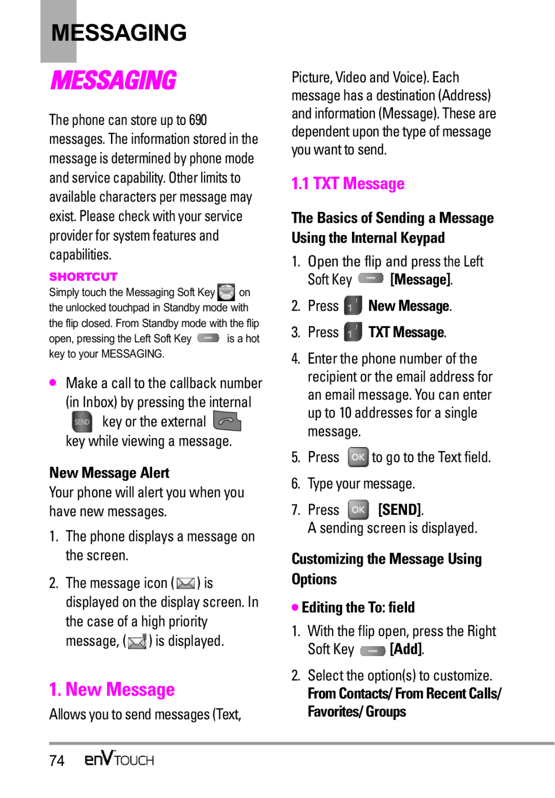 LG Electronics MMBB0332901 manual Messaging, New Message Alert, Press New Message 3. Press TXT Message, Shortcut 
