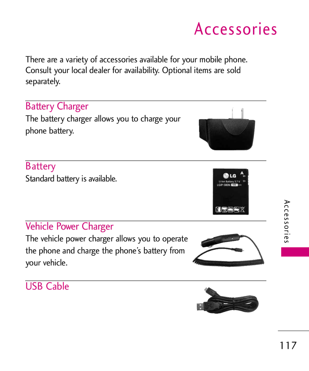 LG Electronics MMBB0378701 manual Accessories, Battery Charger, Vehicle Power Charger, USB Cable 