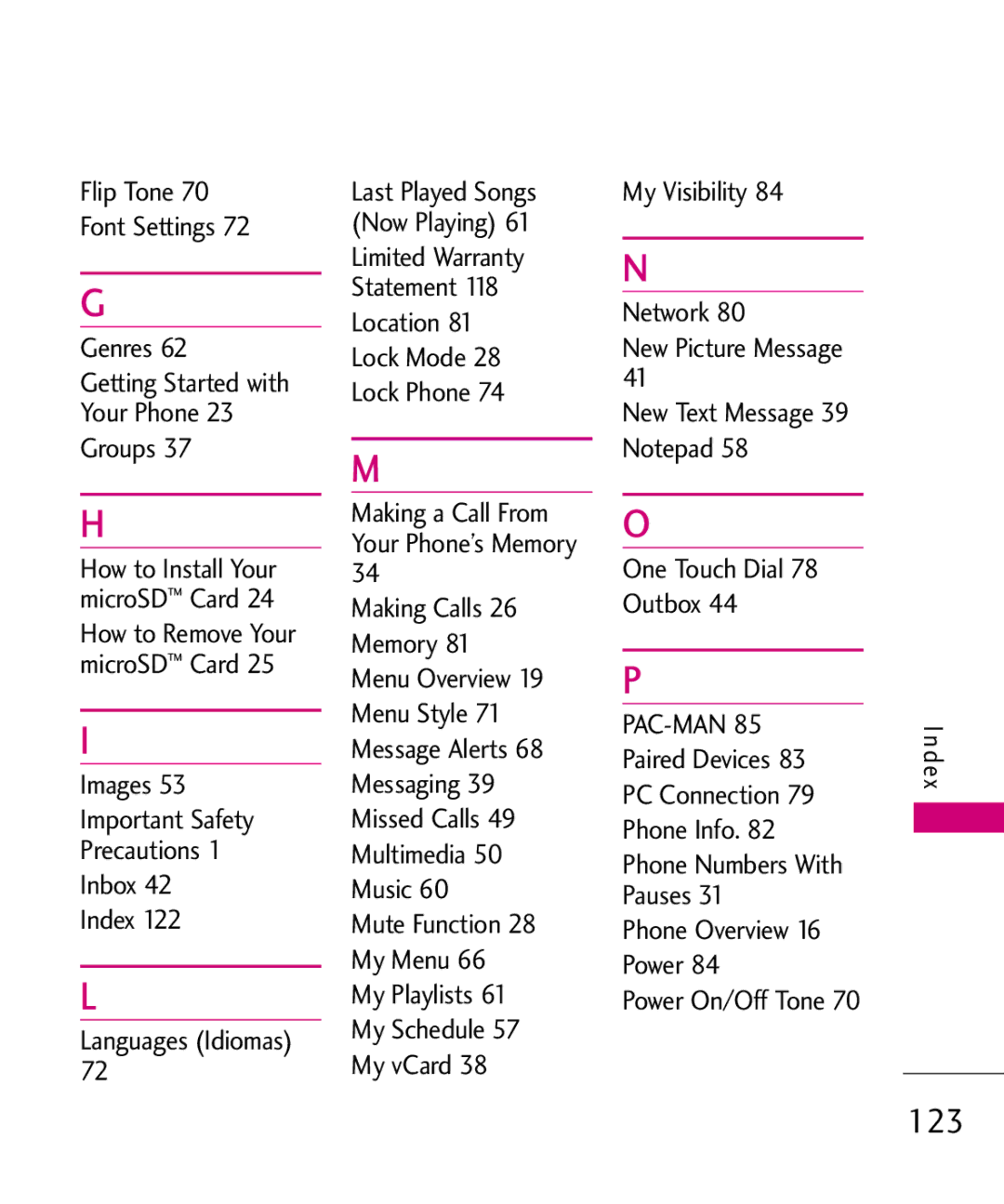 LG Electronics MMBB0378701 Genres Getting Started with Your Phone 23 Groups, My Visibility Network New Picture Message 