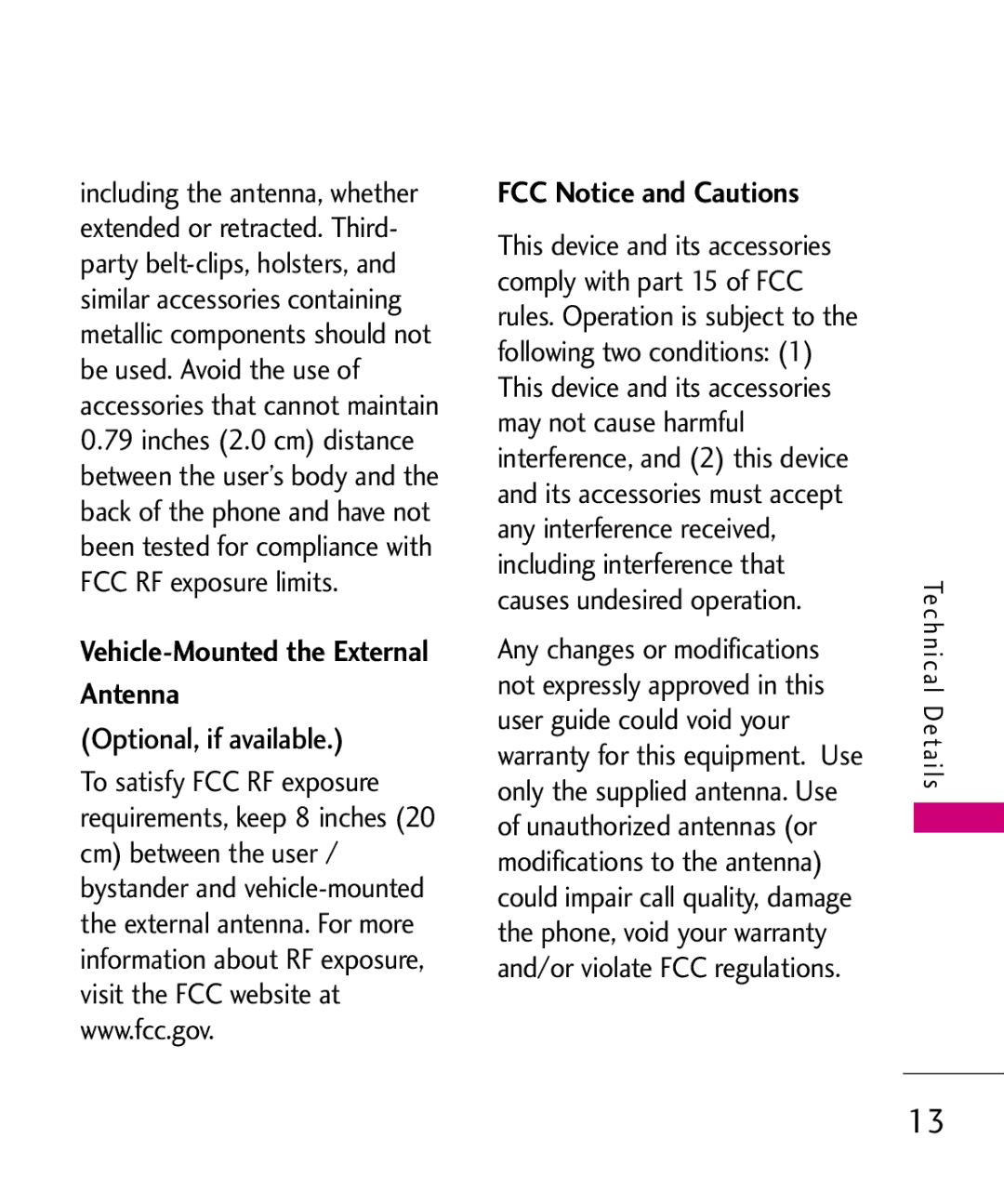 LG Electronics MMBB0378701 manual Vehicle-Mounted the External Antenna, Optional, if available, FCC Notice and Cautions 