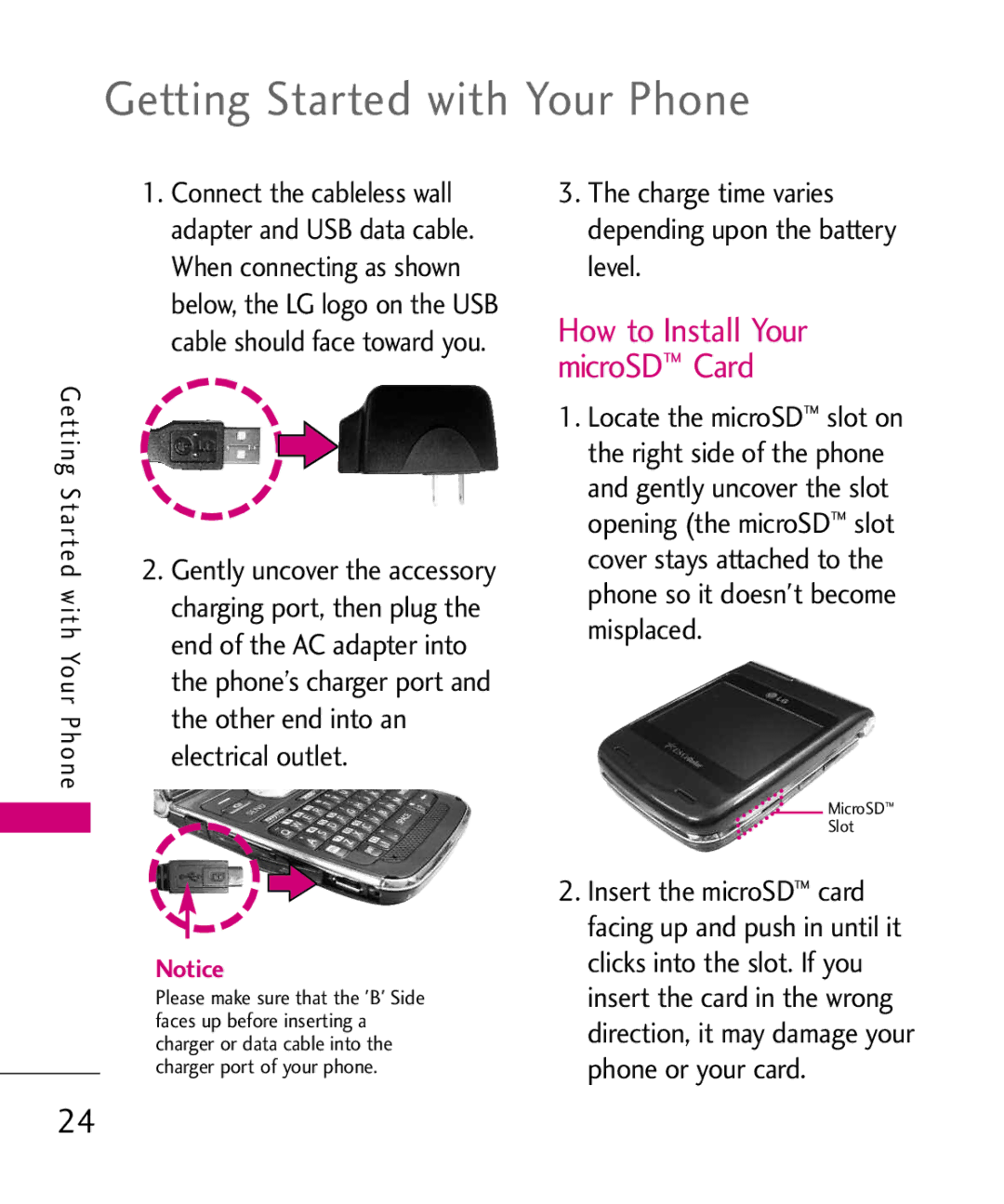 LG Electronics MMBB0378701 manual Getting Started with Your Phone, Other end into an, Electrical outlet 