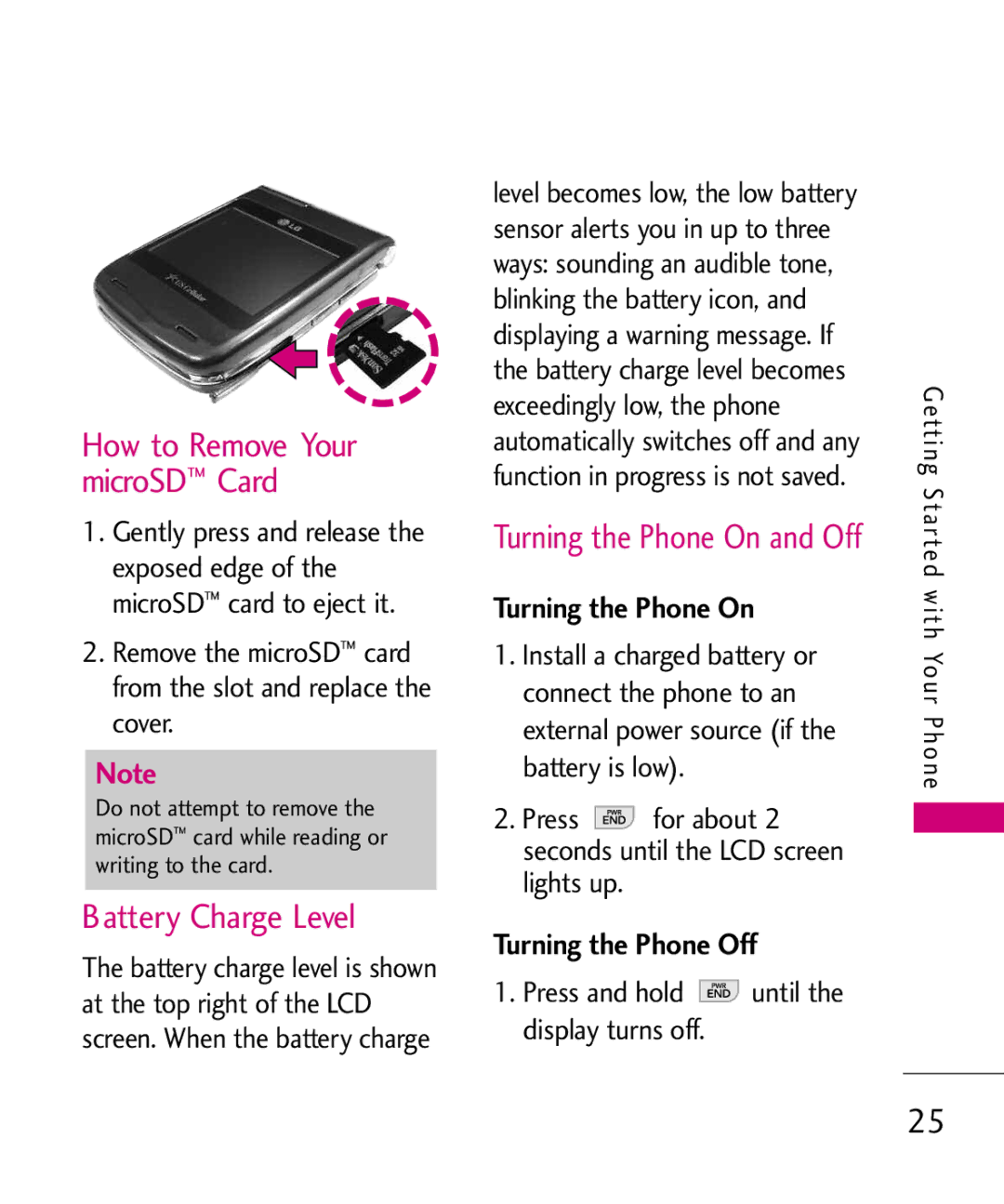 LG Electronics MMBB0378701 manual Battery Charge Level, Turning the Phone On, Turning the Phone Off 