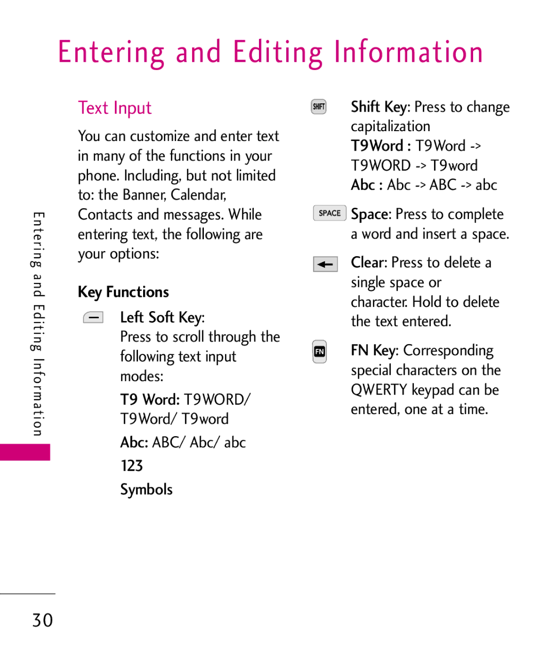 LG Electronics MMBB0378701 manual Entering and Editing Information, Text Input, Key Functions 