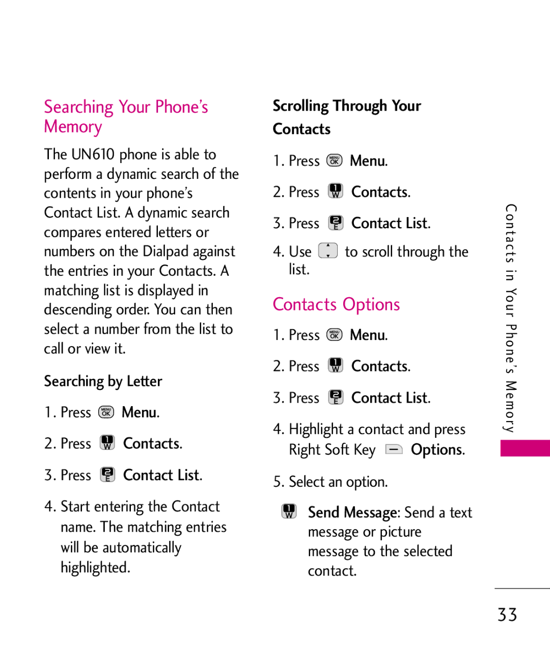 LG Electronics MMBB0378701 manual Searching Your Phone’s Memory, Contacts Options, Scrolling Through Your Contacts 