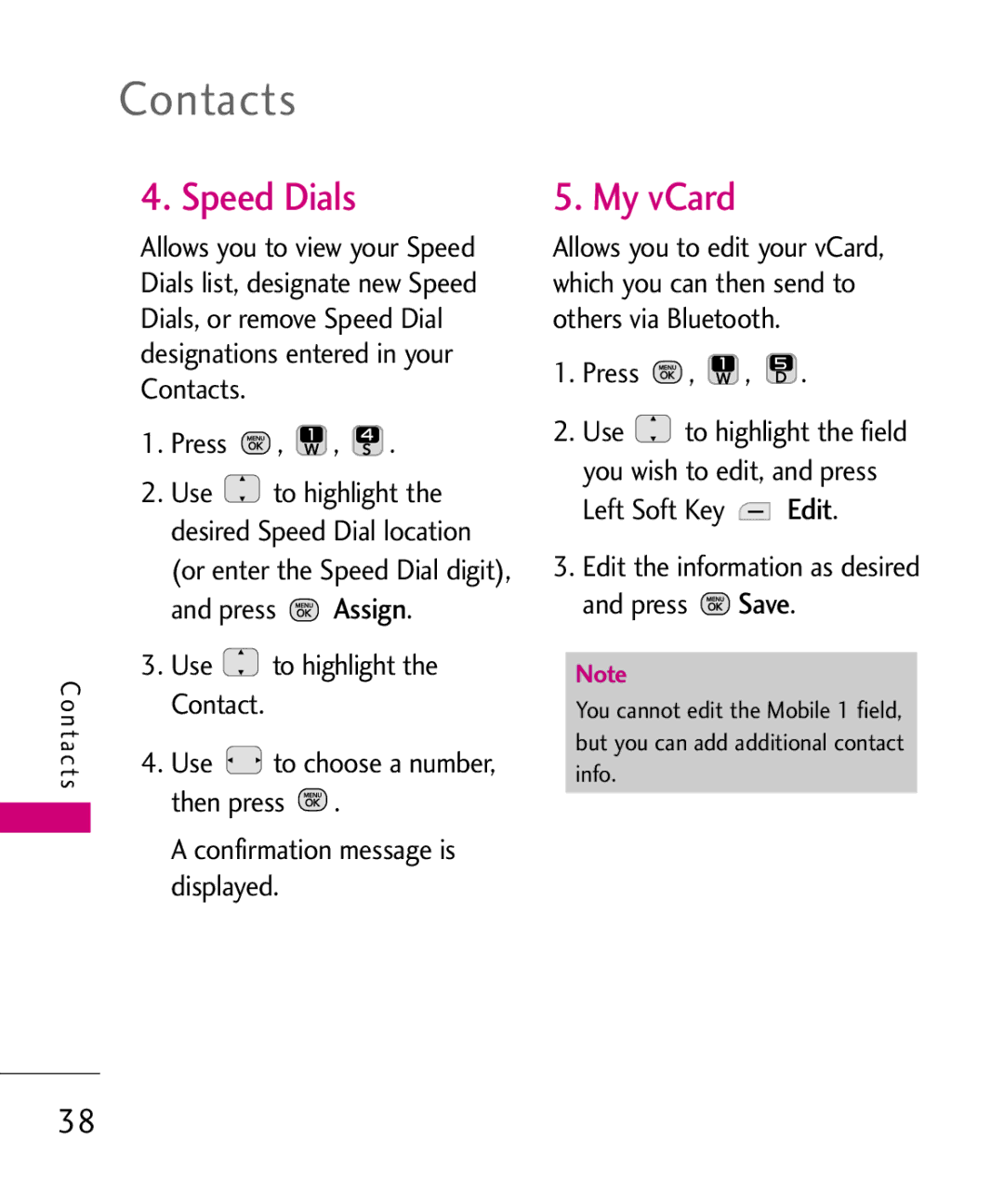 LG Electronics MMBB0378701 manual Contacts, Speed Dials, My vCard 