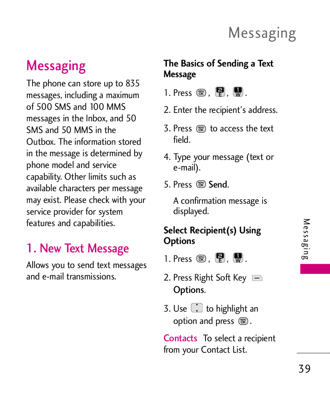 LG Electronics MMBB0378701 Messaging, New Text Message, Basics of Sending a Text Message, Select Recipients Using, Options 