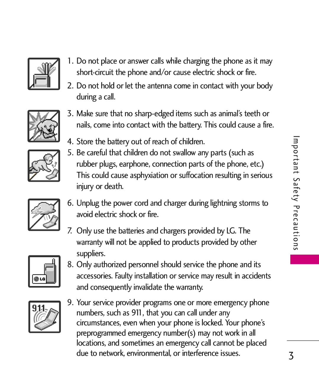 LG Electronics MMBB0378701 manual Store the battery out of reach of children 