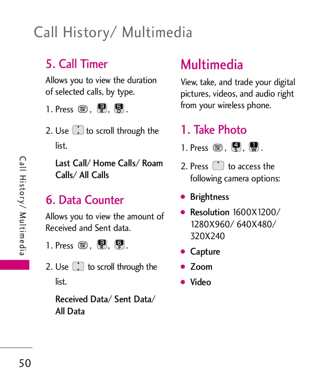 LG Electronics MMBB0378701 manual Call History/ Multimedia, Call Timer, Take Photo, Data Counter 