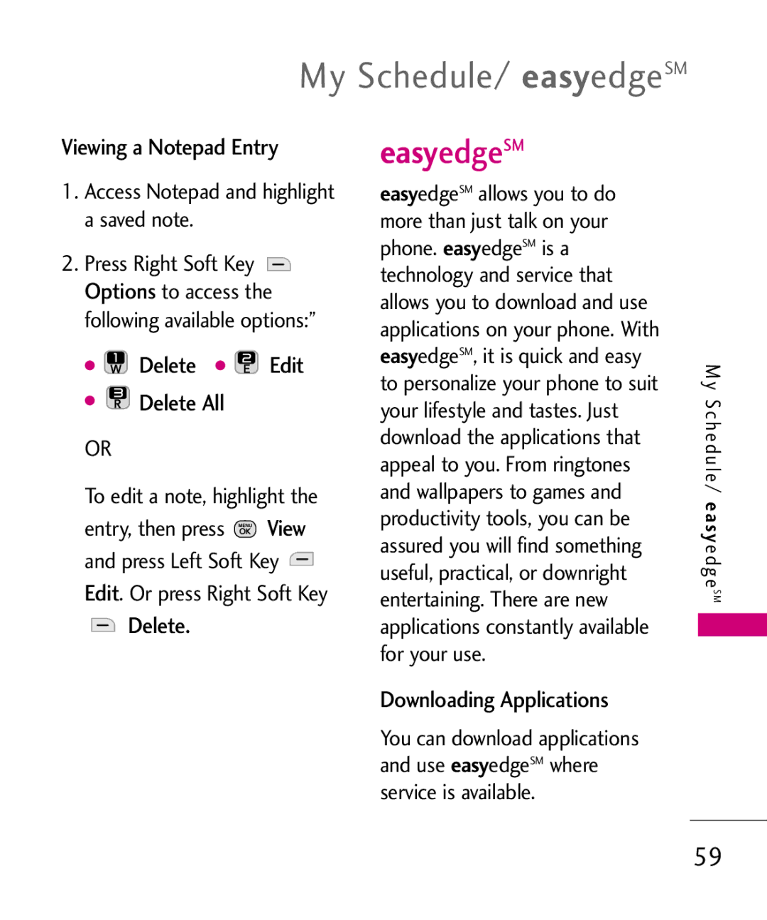 LG Electronics MMBB0378701 manual My Schedule/ easyedgeSM, Viewing a Notepad Entry, Delete Edit Delete All 