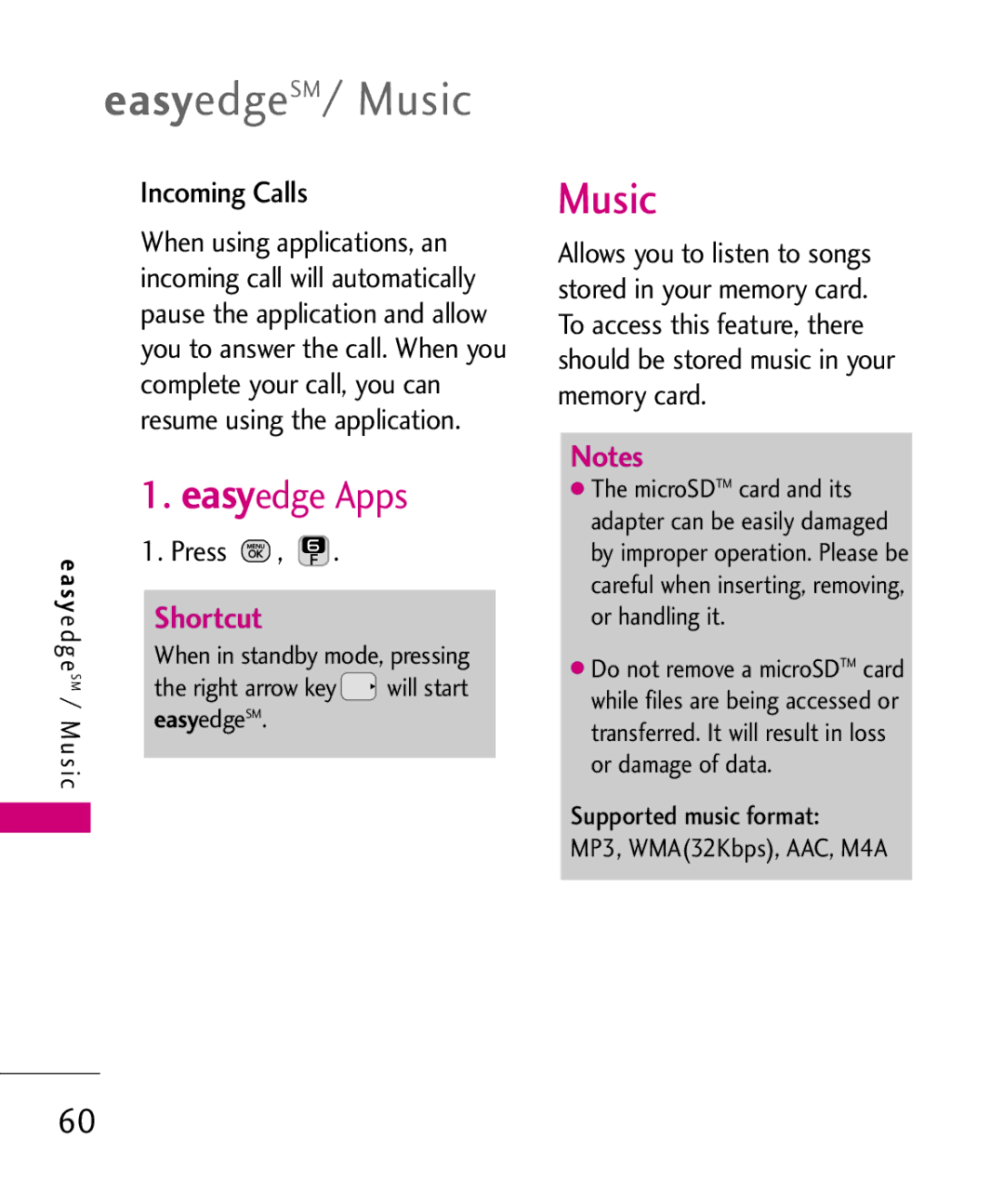 LG Electronics MMBB0378701 manual EasyedgeSM/ Music, Easyedge Apps, Incoming Calls 