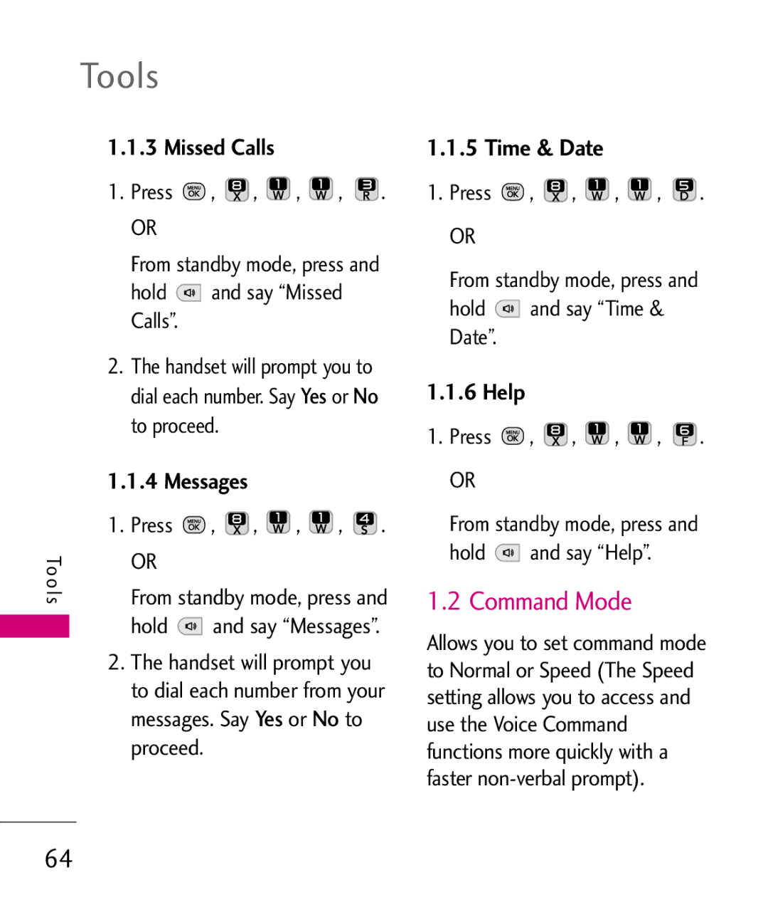 LG Electronics MMBB0378701 manual Command Mode, Missed Calls, Help, Hold Say Messages 