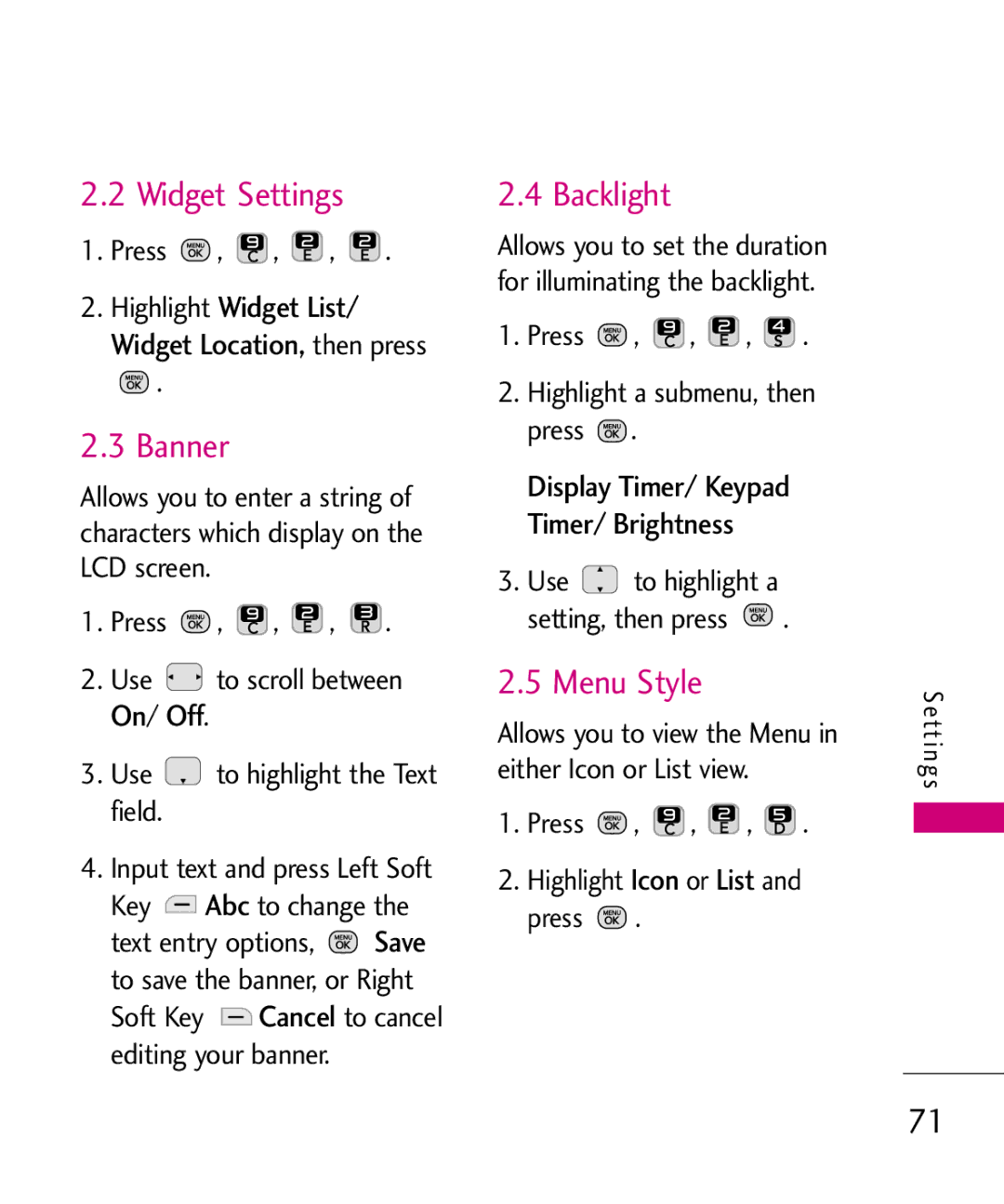 LG Electronics MMBB0378701 manual Widget Settings, Banner, Backlight, Menu Style 