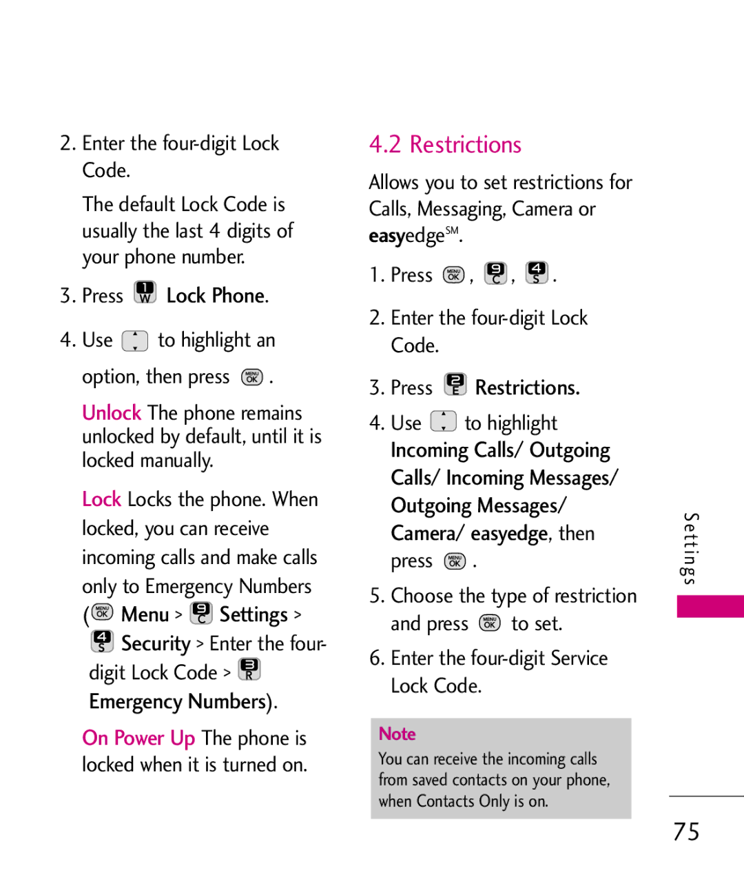 LG Electronics MMBB0378701 manual Press Lock Phone, Press Restrictions, Camera/ easyedge, then 