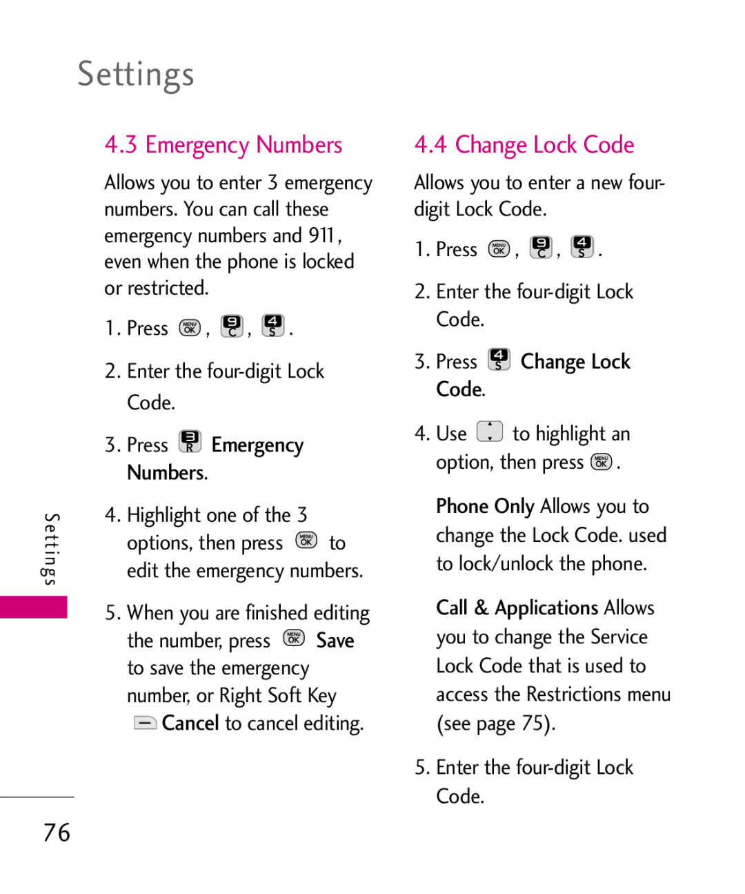 LG Electronics MMBB0378701 manual Emergency Numbers, Press Change Lock Code 