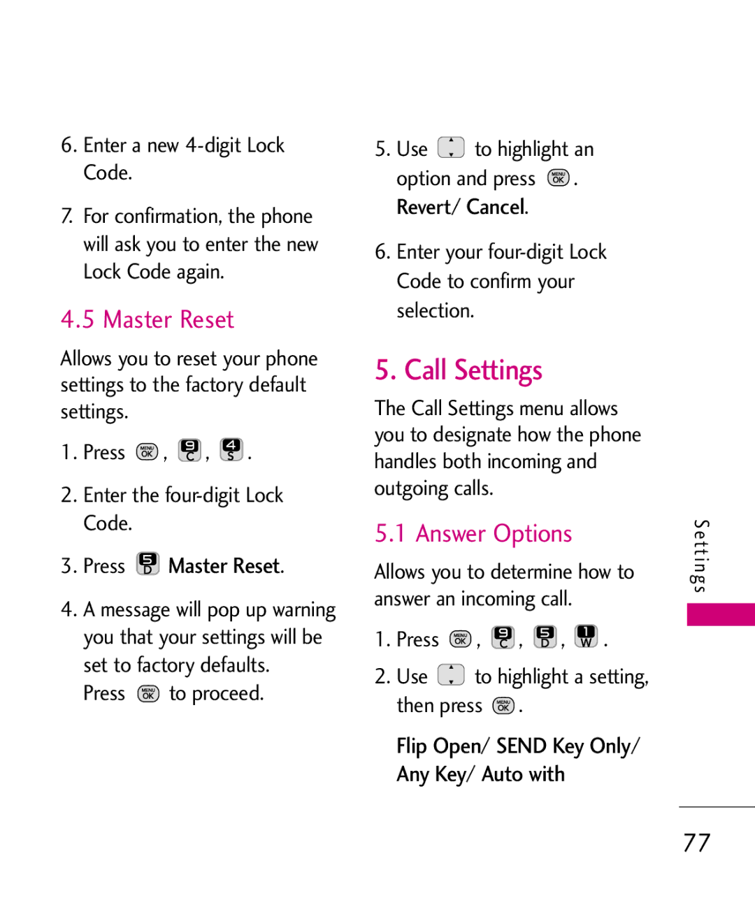 LG Electronics MMBB0378701 manual Call Settings, Answer Options, Press Master Reset 