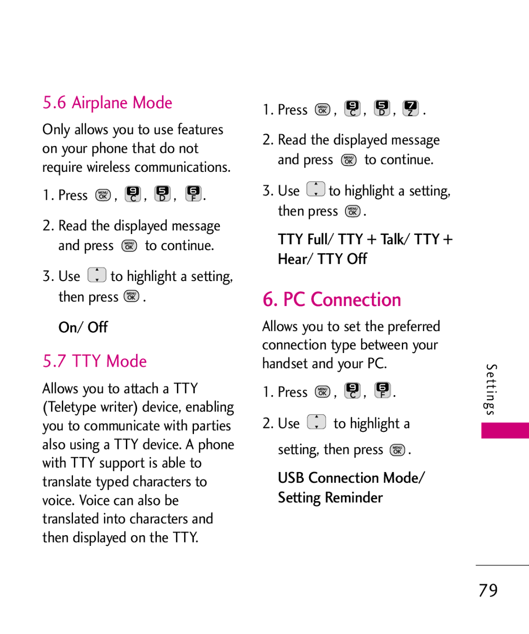 LG Electronics MMBB0378701 manual PC Connection, Airplane Mode, TTY Mode, TTY Full/ TTY + Talk/ TTY + Hear/ TTY Off 