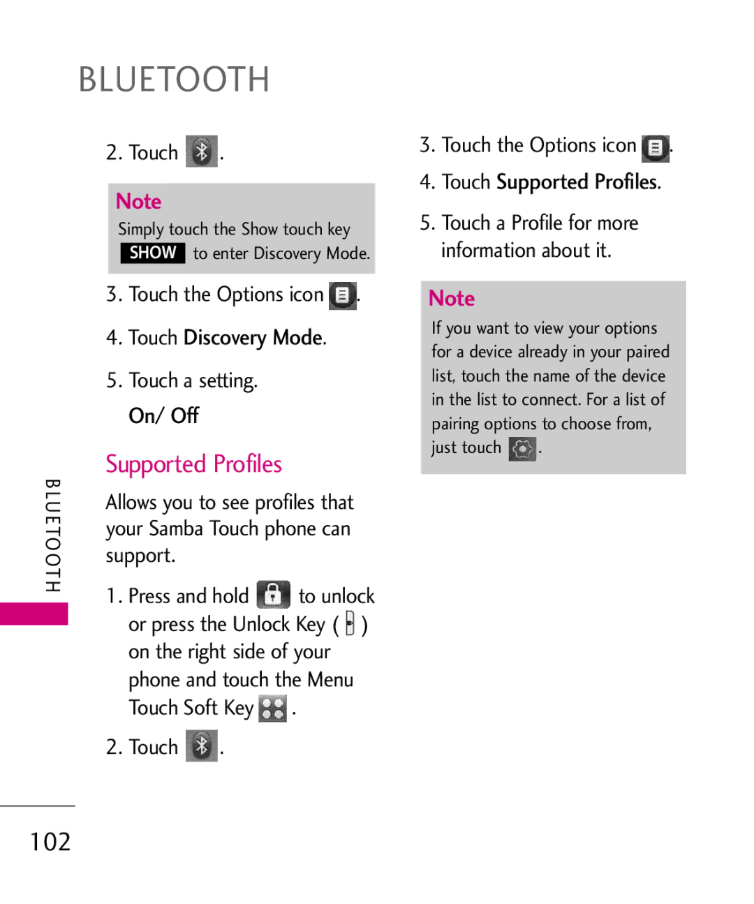 LG Electronics MMBB0379501 102, Touch Discovery Mode, Touch Supported Profiles, Touch Soft Key Touch the Options icon 