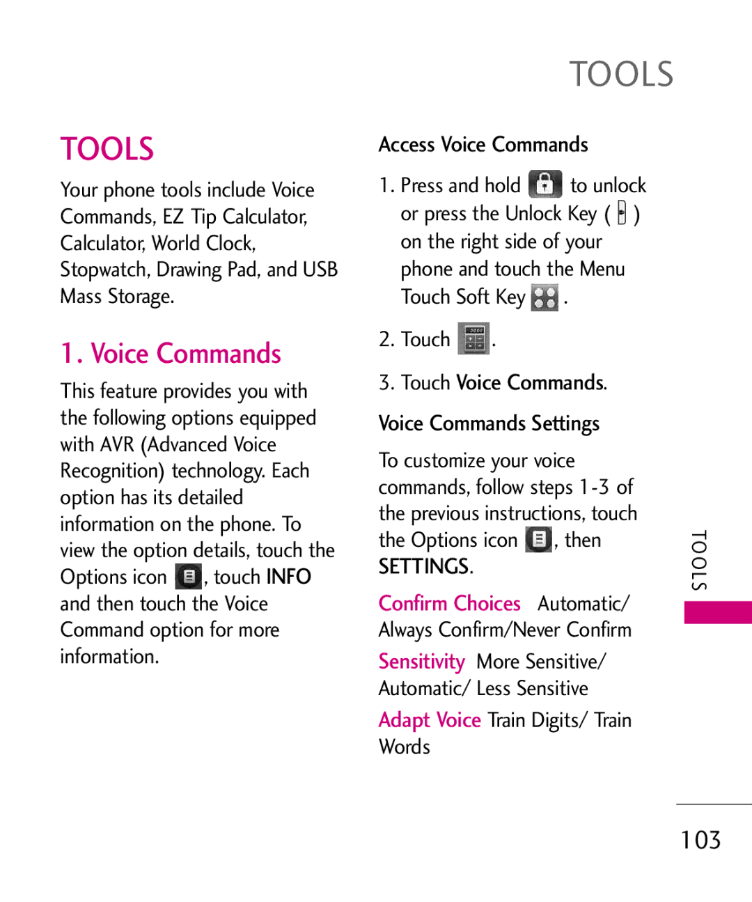 LG Electronics MMBB0379501 manual Tools, 103, Access Voice Commands, Touch Voice Commands Voice Commands Settings 