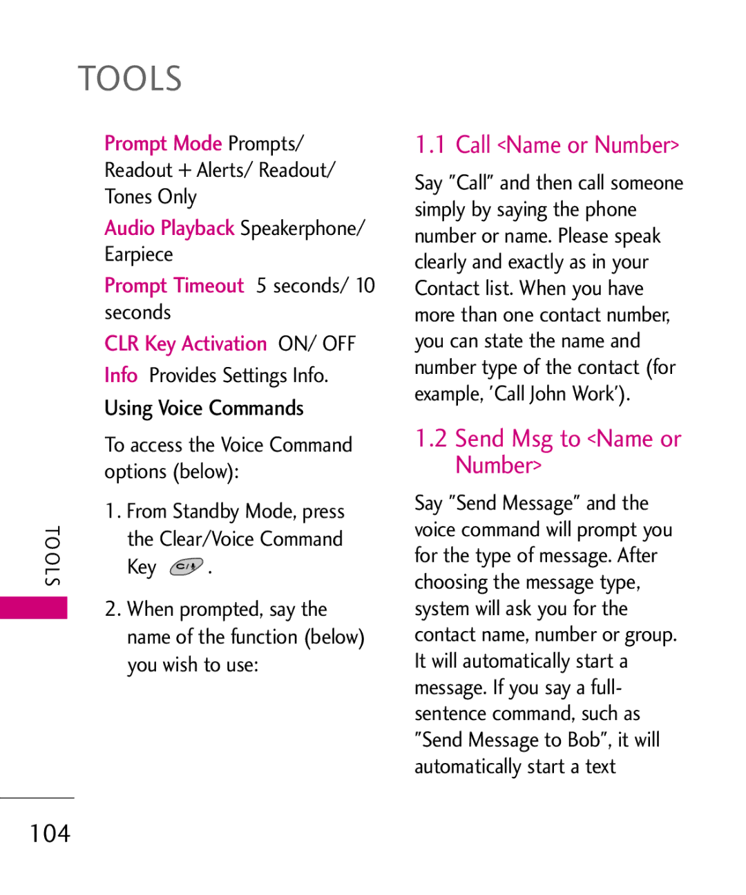 LG Electronics MMBB0379501 manual Call Name or Number, Send Msg to Name or Number, 104, Using Voice Commands 
