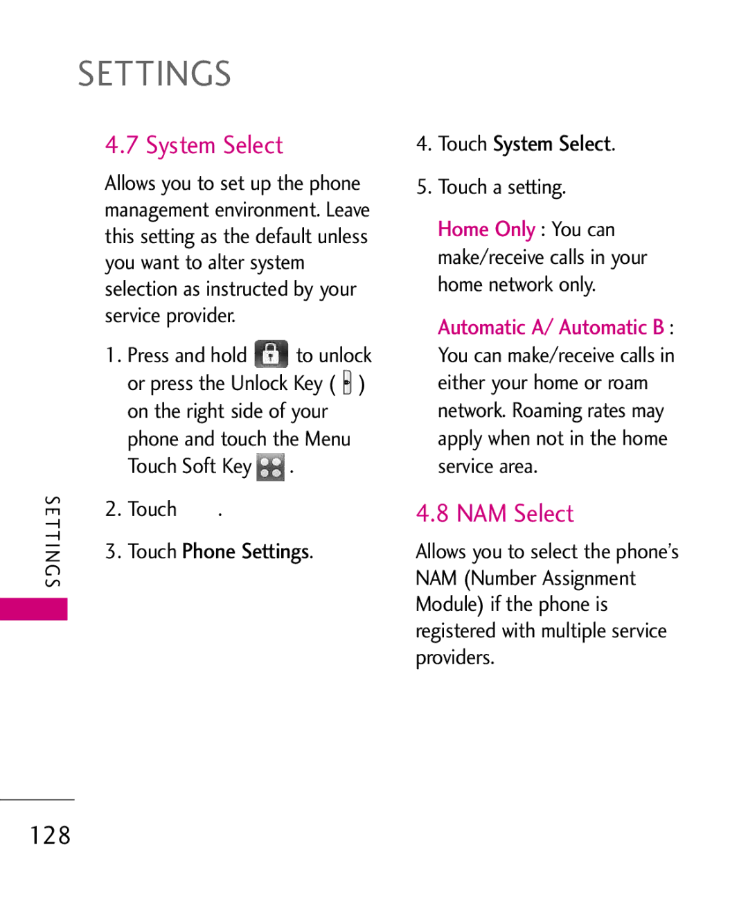 LG Electronics MMBB0379501 manual NAM Select, 128, Touch System Select 