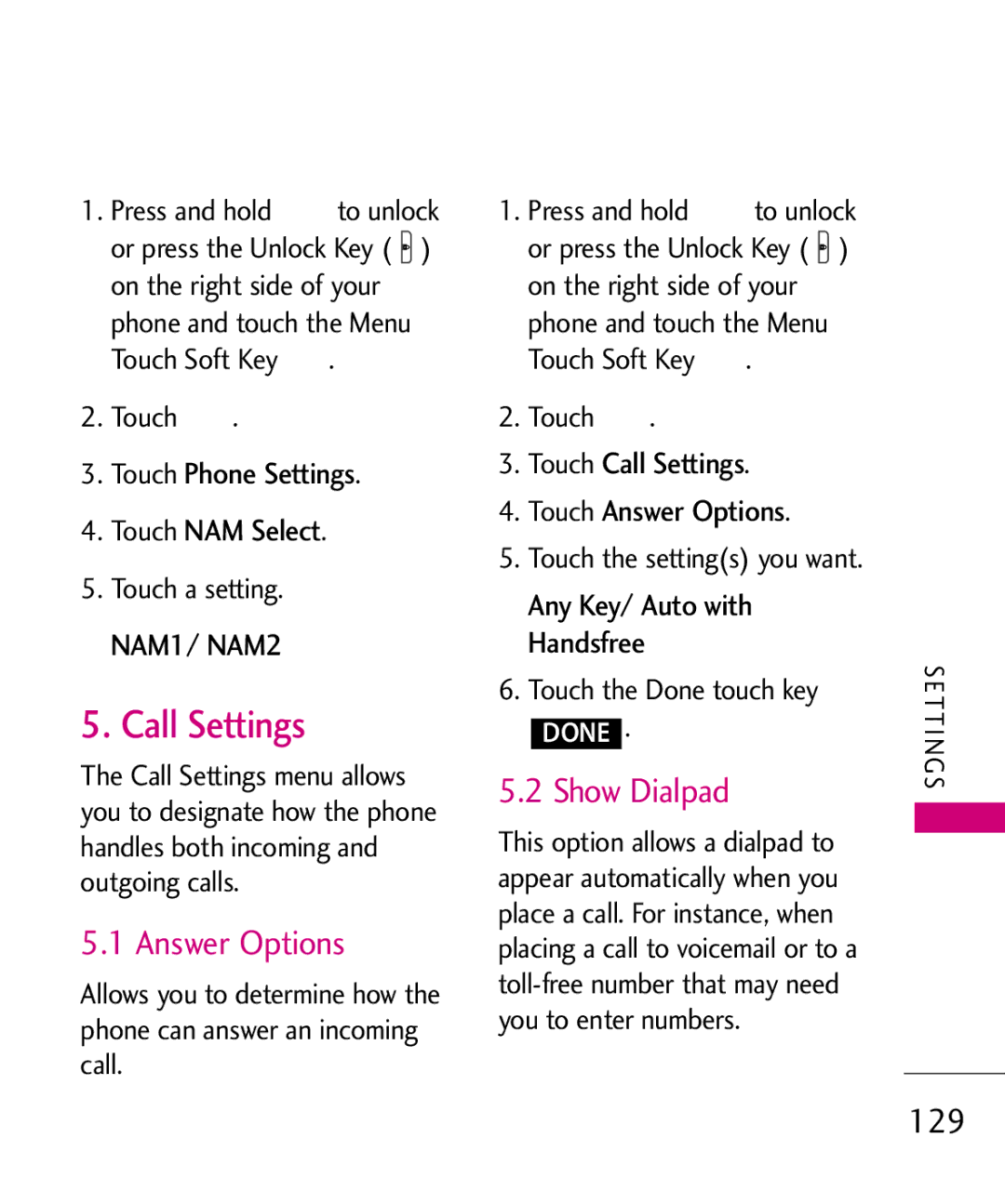 LG Electronics MMBB0379501 manual Call Settings, Answer Options, Show Dialpad, 129 