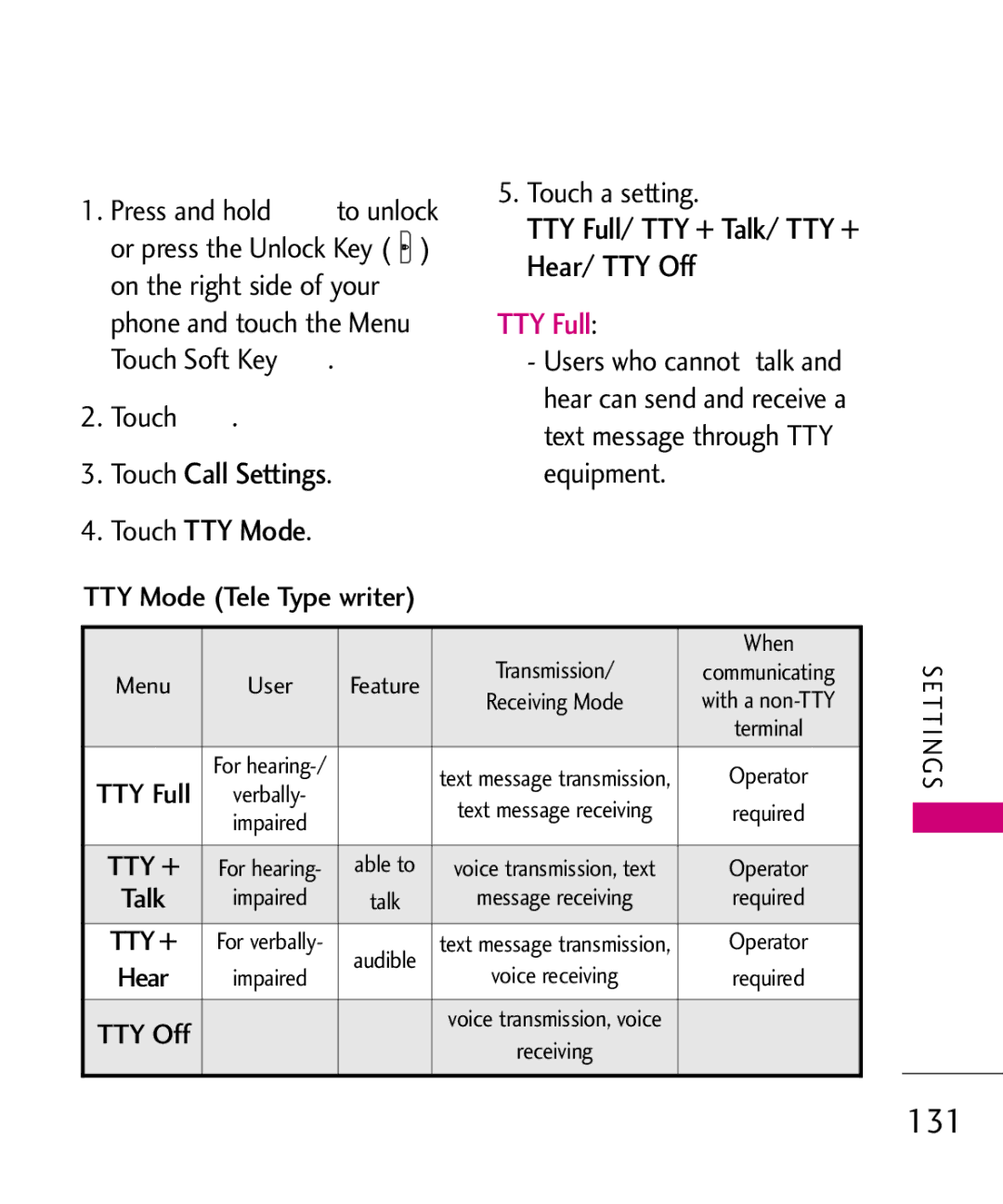 LG Electronics MMBB0379501 manual 131, Touch Call Settings Touch TTY Mode, TTY Full/ TTY + Talk/ TTY + Hear/ TTY Off 