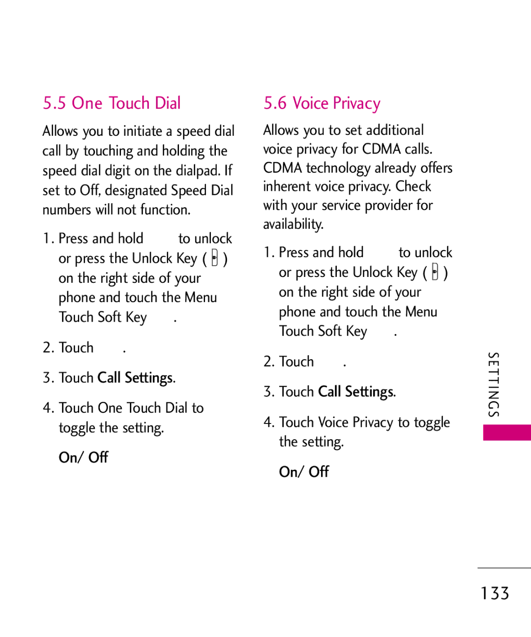 LG Electronics MMBB0379501 manual Voice Privacy, 133, Touch One Touch Dial to toggle the setting 