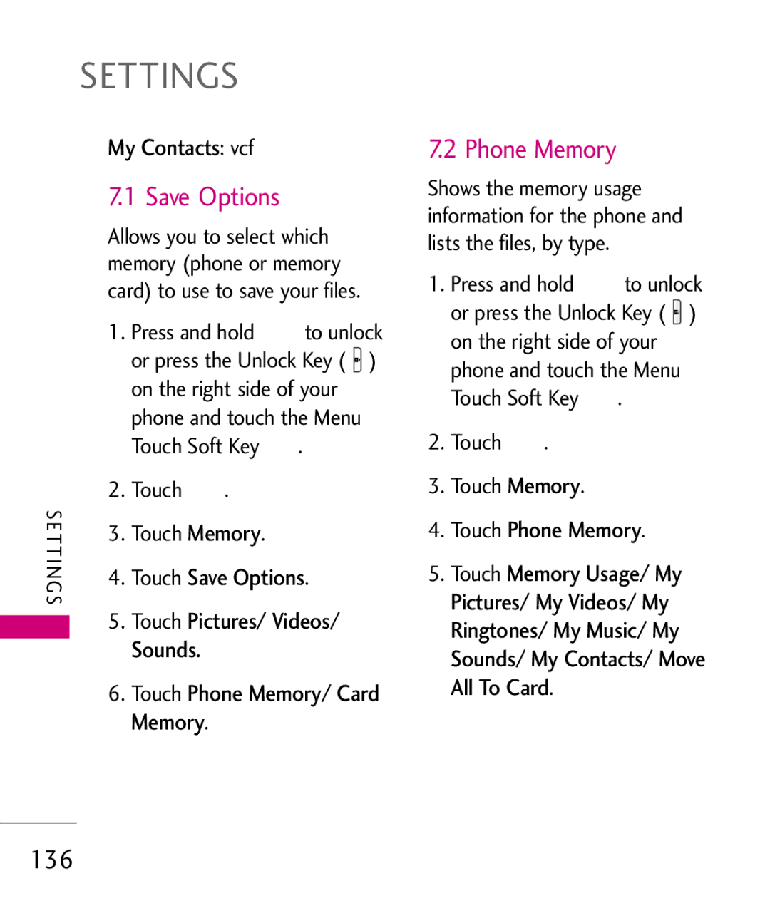 LG Electronics MMBB0379501 manual Save Options, Phone Memory, 136 