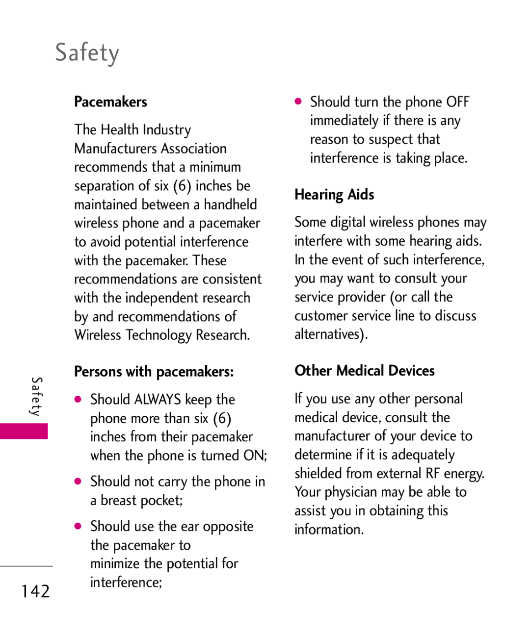 LG Electronics MMBB0379501 manual 142, Pacemakers, Persons with pacemakers, Hearing Aids, Other Medical Devices 