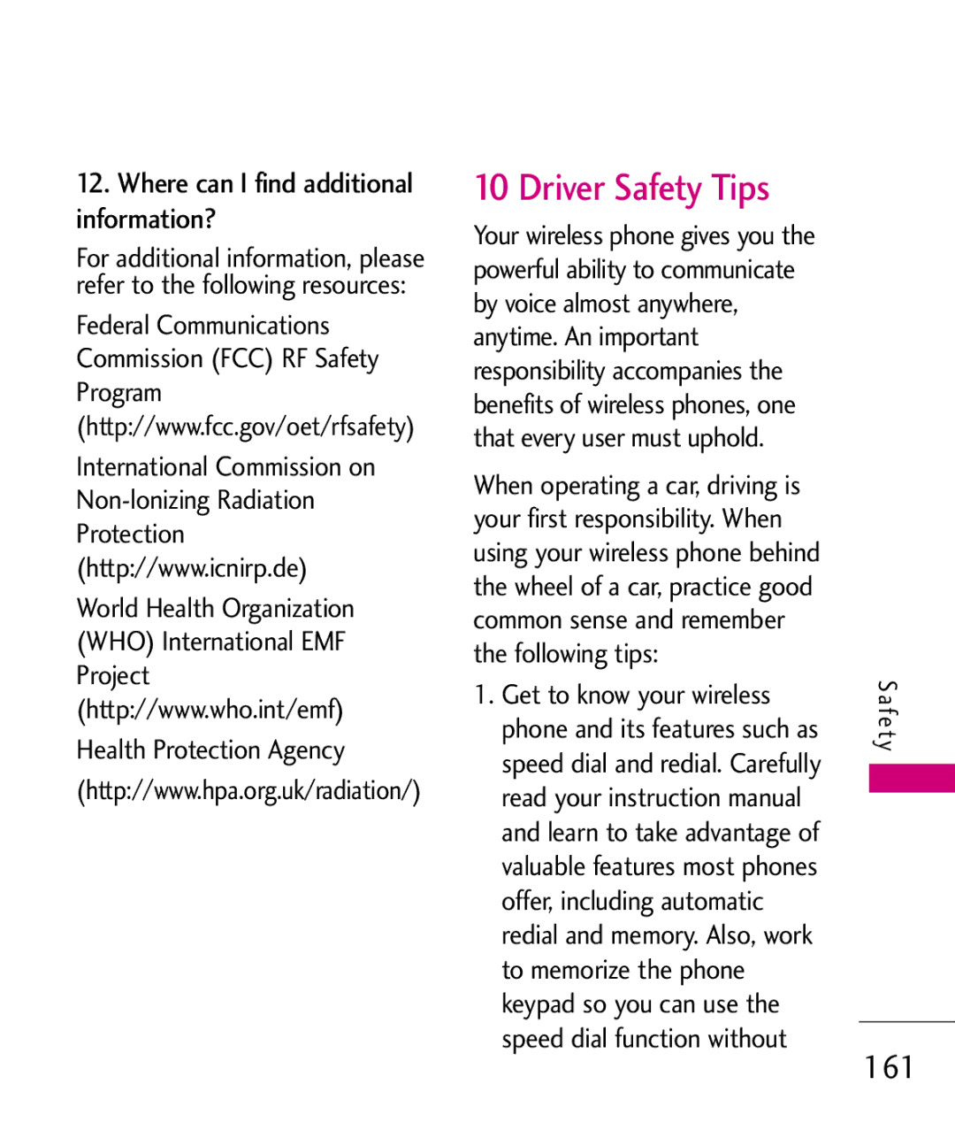 LG Electronics MMBB0379501 manual Driver Safety Tips, 161, Where can I find additional information? 