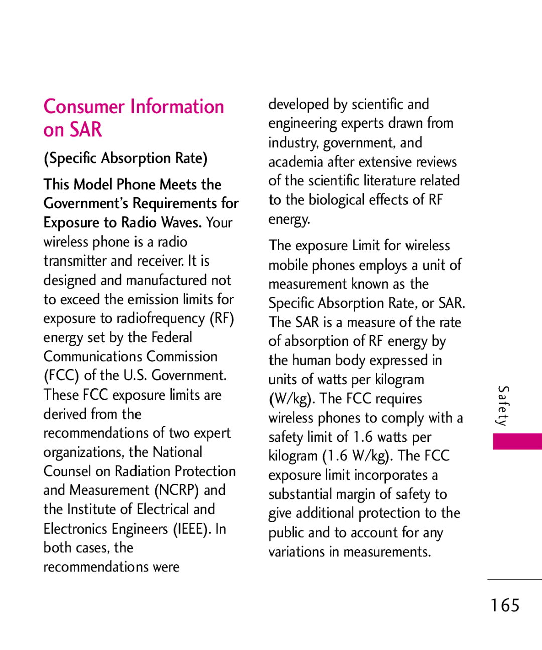 LG Electronics MMBB0379501 manual Consumer Information on SAR, 165, Specific Absorption Rate 