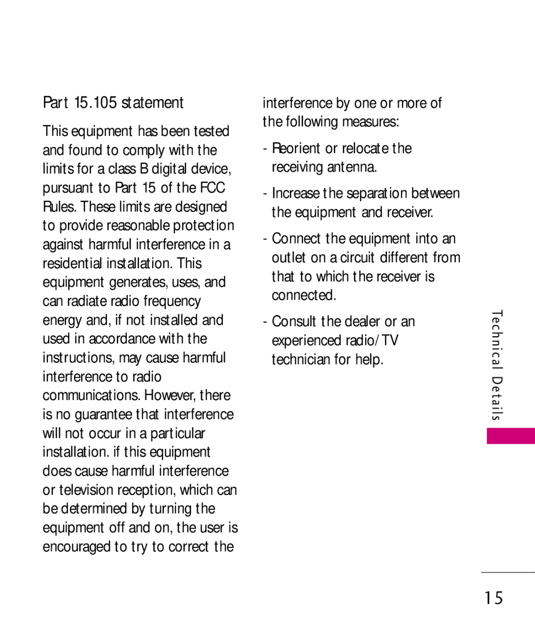 LG Electronics MMBB0379501 manual Part 15.105 statement 