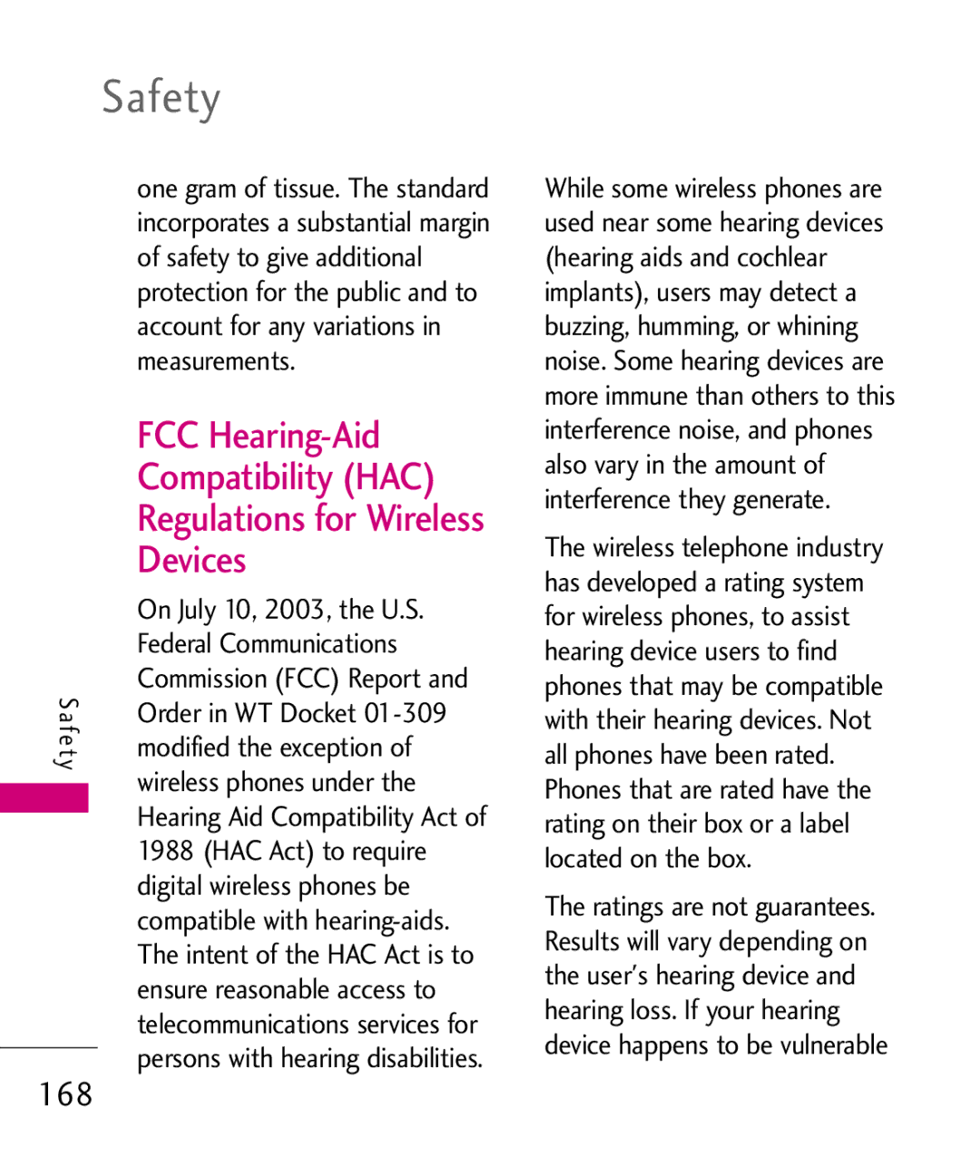 LG Electronics MMBB0379501 manual FCC Hearing-Aid, Compatibility HAC, Devices, 168 