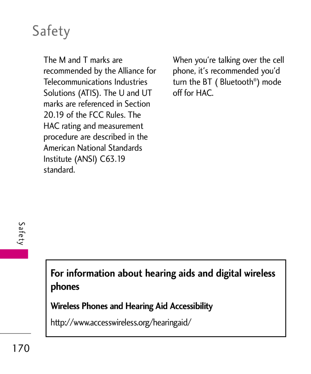 LG Electronics MMBB0379501 manual 170, Wireless Phones and Hearing Aid Accessibility 