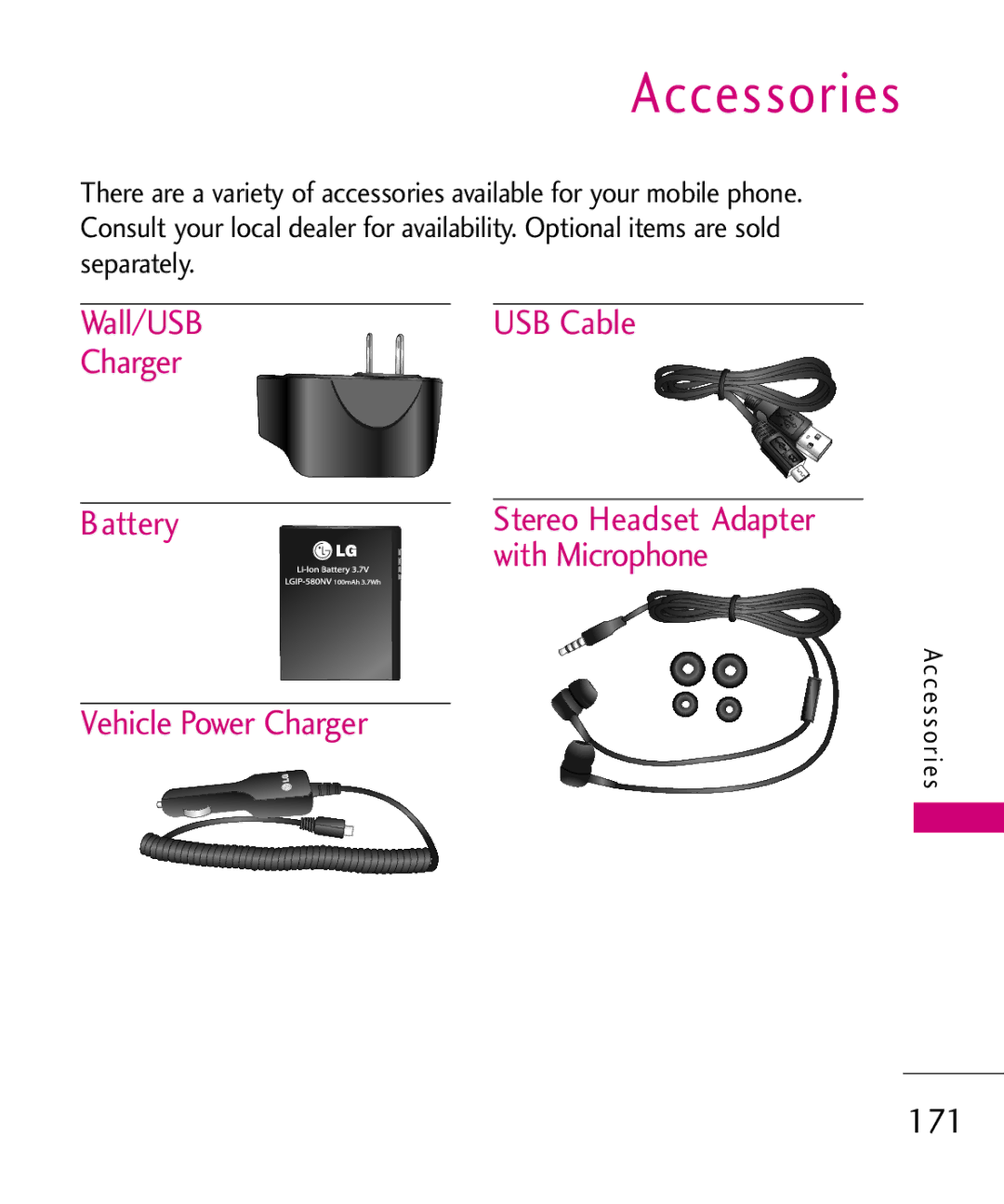 LG Electronics MMBB0379501 Accessories, Wall/USB USB Cable Charger Battery, With Microphone, Vehicle Power Charger, 171 