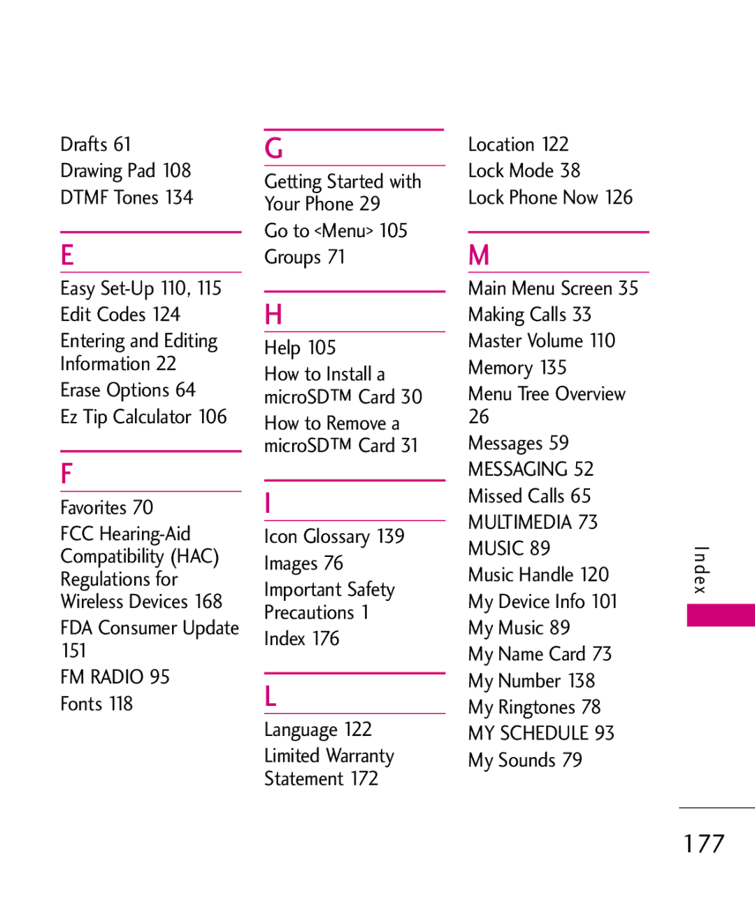 LG Electronics MMBB0379501 manual 177, Drafts Drawing Pad Dtmf Tones, FDA Consumer Update, Go to Menu 105 Groups Help 