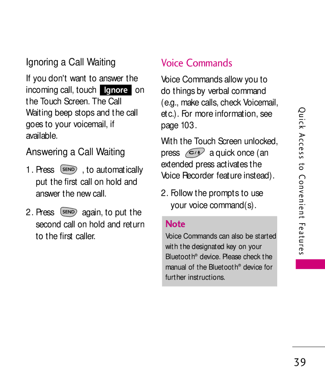 LG Electronics MMBB0379501 manual Voice Commands, Ignoring a Call Waiting, Answering a Call Waiting 