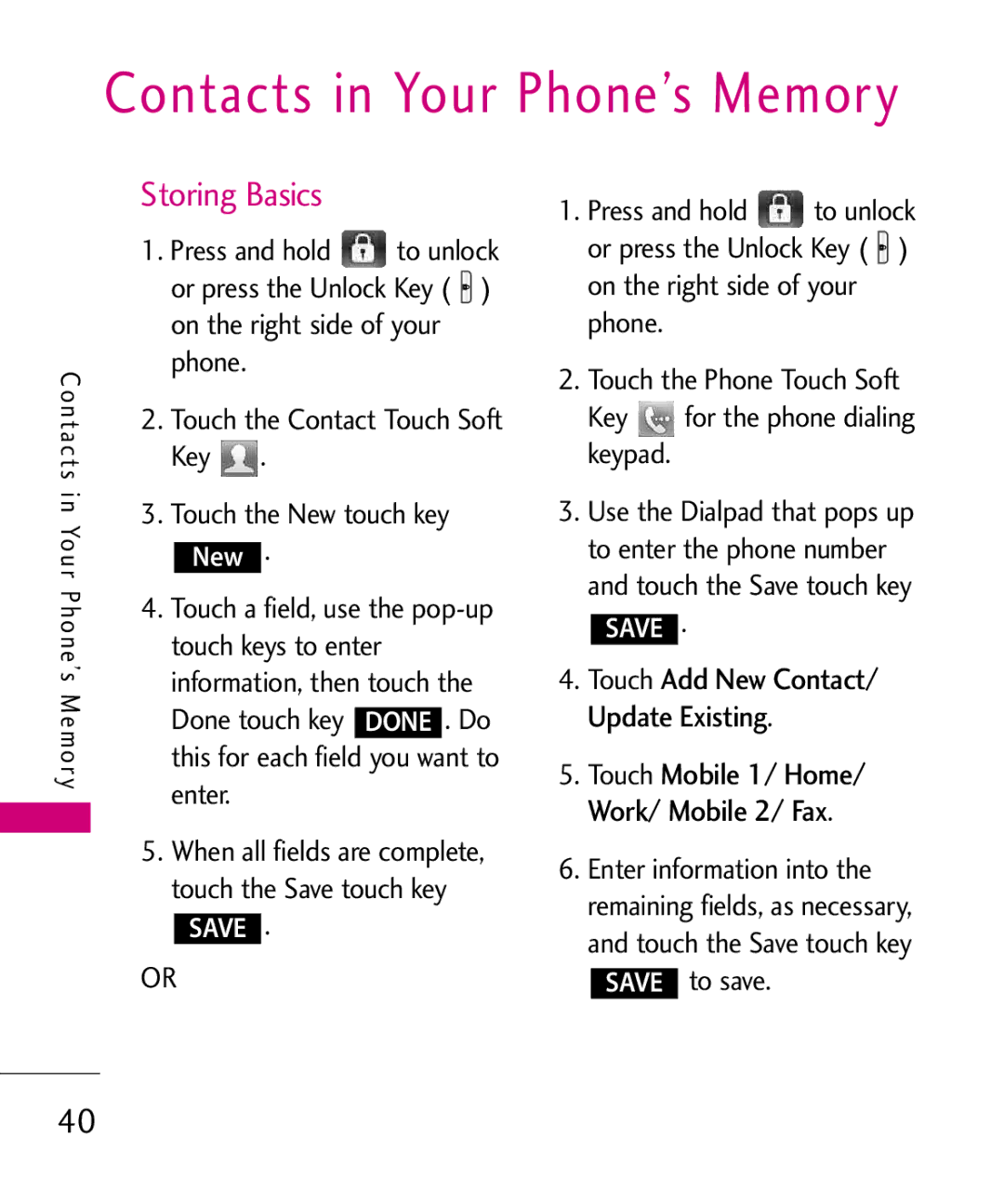 LG Electronics MMBB0379501 manual Storing Basics, Touch Mobile 1/ Home/ Work/ Mobile 2/ Fax, Save to save 