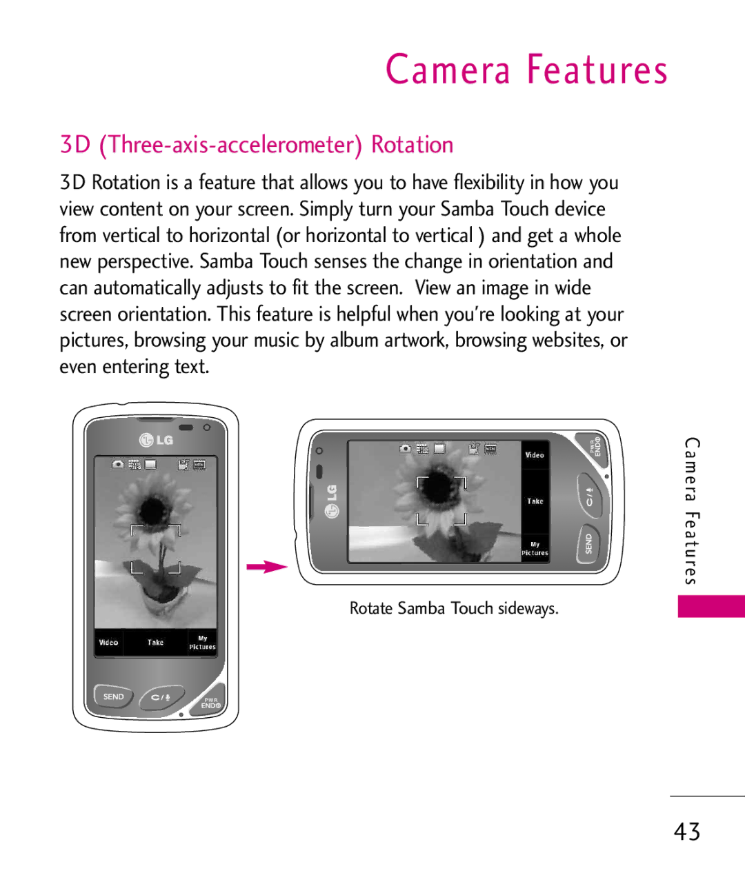 LG Electronics MMBB0379501 manual Camera Features, 3D Three-axis-accelerometer Rotation 