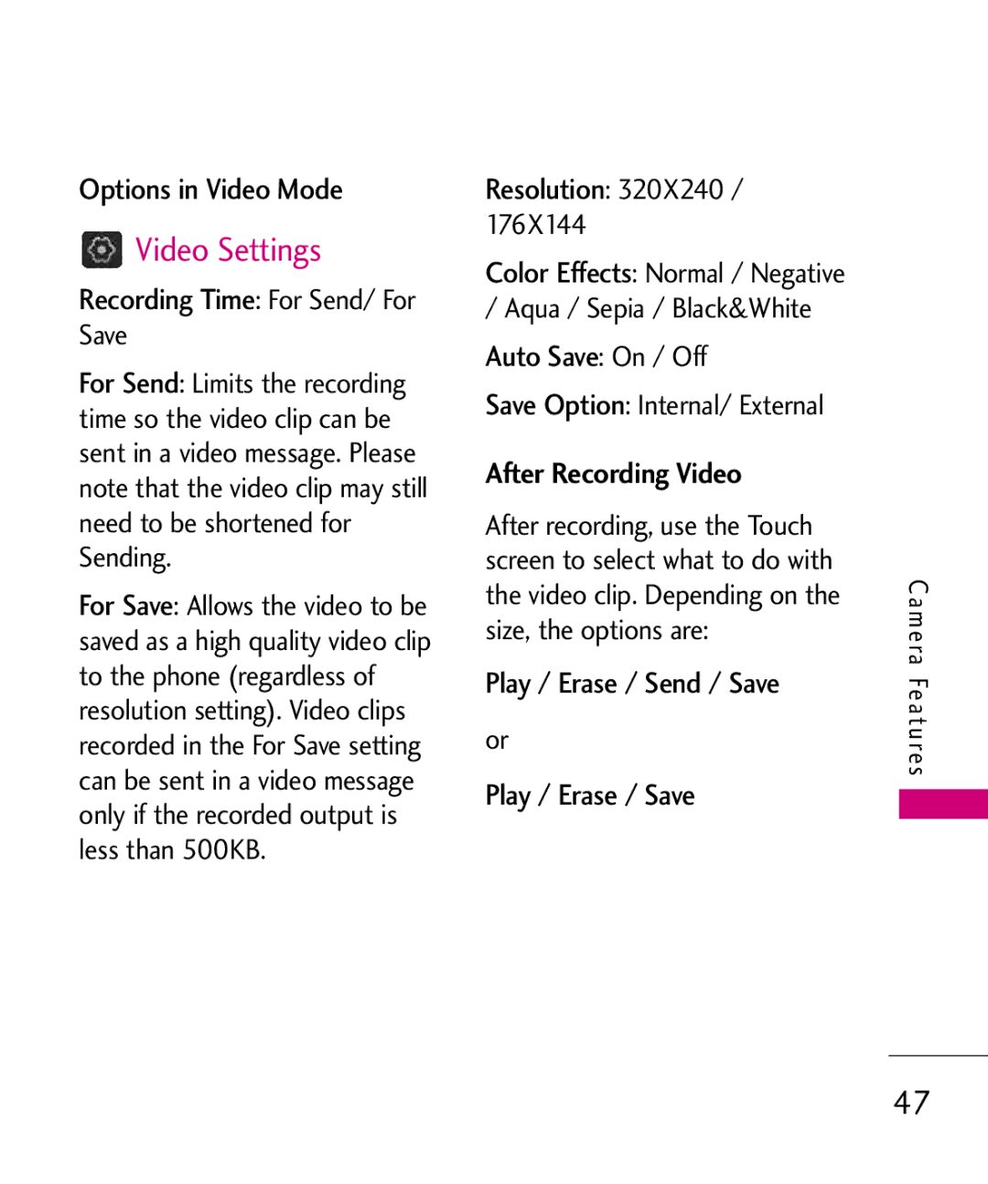 LG Electronics MMBB0379501 manual Video Settings, Options in Video Mode, After Recording Video 