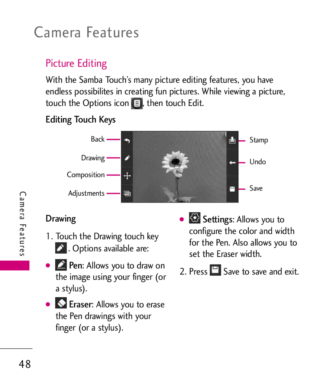 LG Electronics MMBB0379501 manual Picture Editing, Editing Touch Keys, Drawing, Press Save to save and exit 