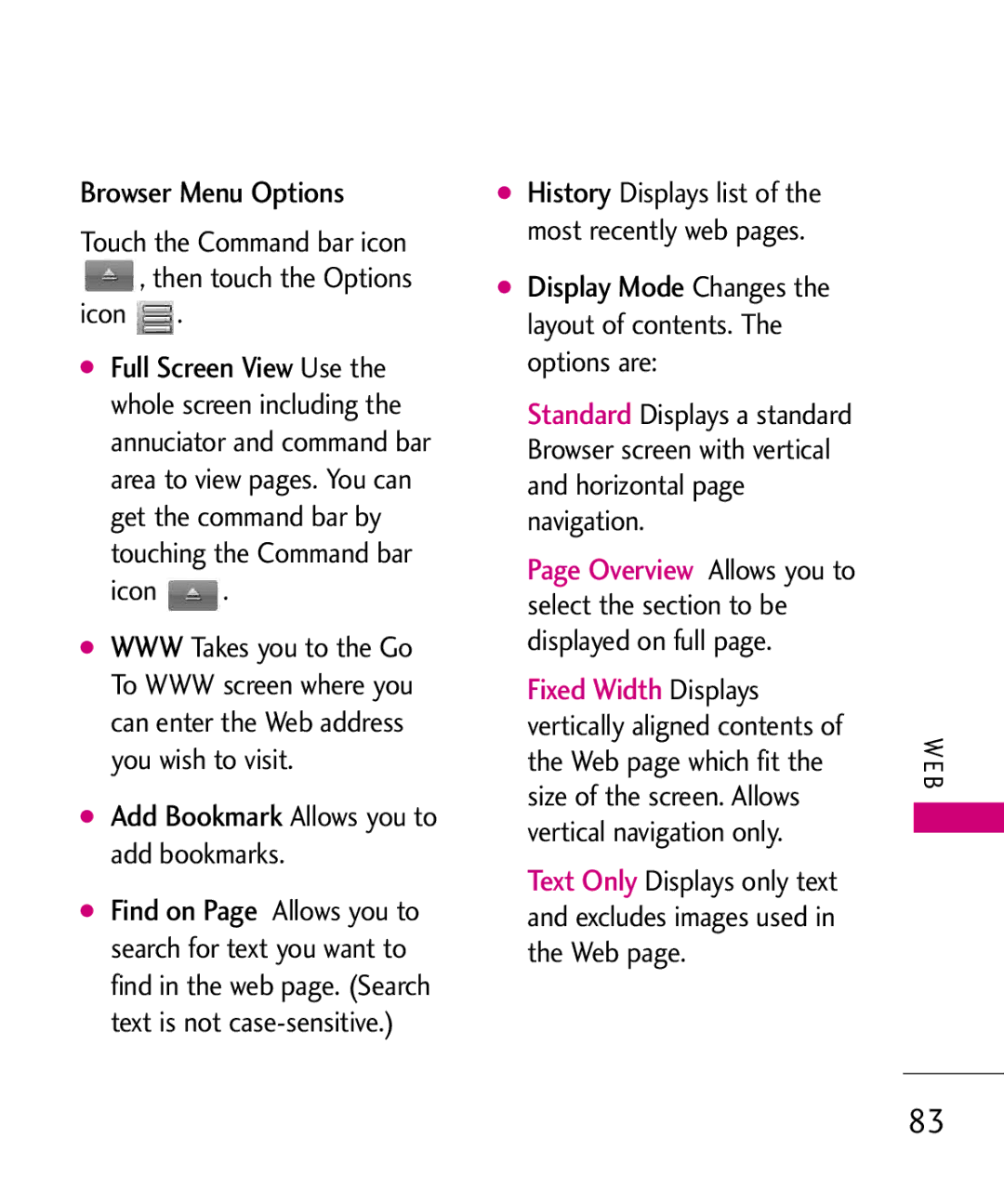 LG Electronics MMBB0379501 manual Browser Menu Options, Add Bookmark Allows you to add bookmarks 