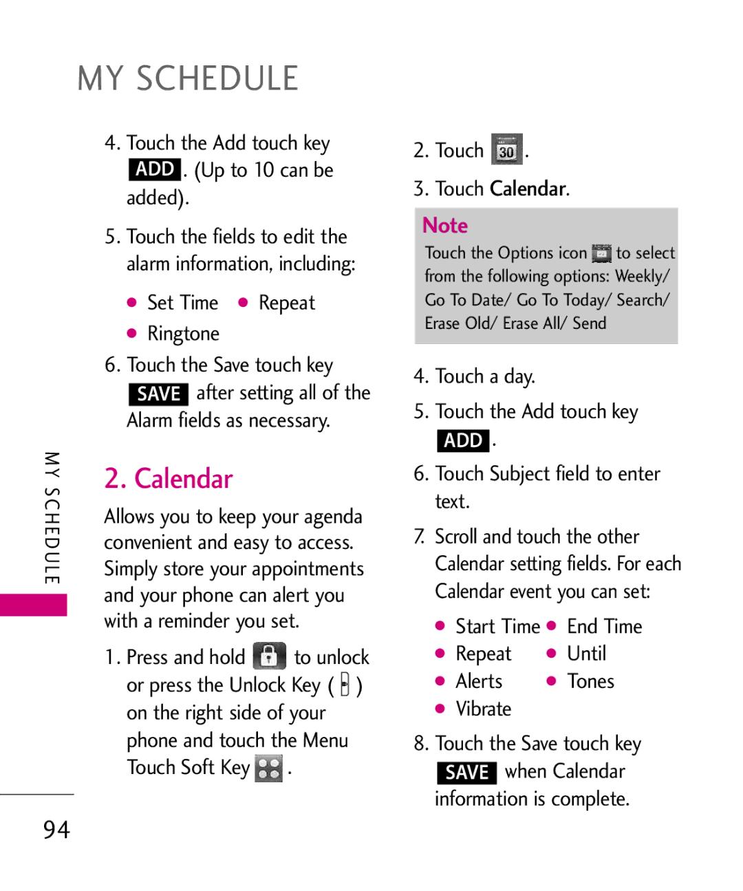 LG Electronics MMBB0379501 manual MY Schedule, Touch Calendar 