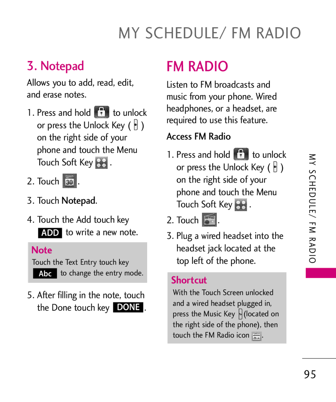 LG Electronics MMBB0379501 manual MY SCHEDULE/ FM Radio, Access FM Radio, Allows you to add, read, edit, and erase notes 