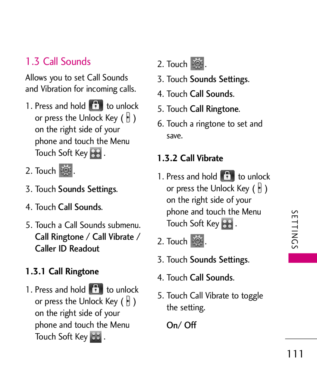 LG Electronics MMBB0379501 manual Touch Sounds Settings 4. Touch Call Sounds, Call Ringtone, Call Vibrate, On/ Off 