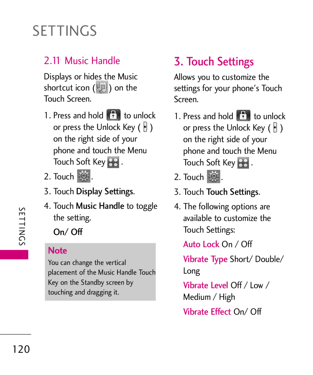 LG Electronics MMBB0379501 Touch Display Settings, On/ Off, Touch Touch Settings, Auto Lock On / Off, Press and hold 